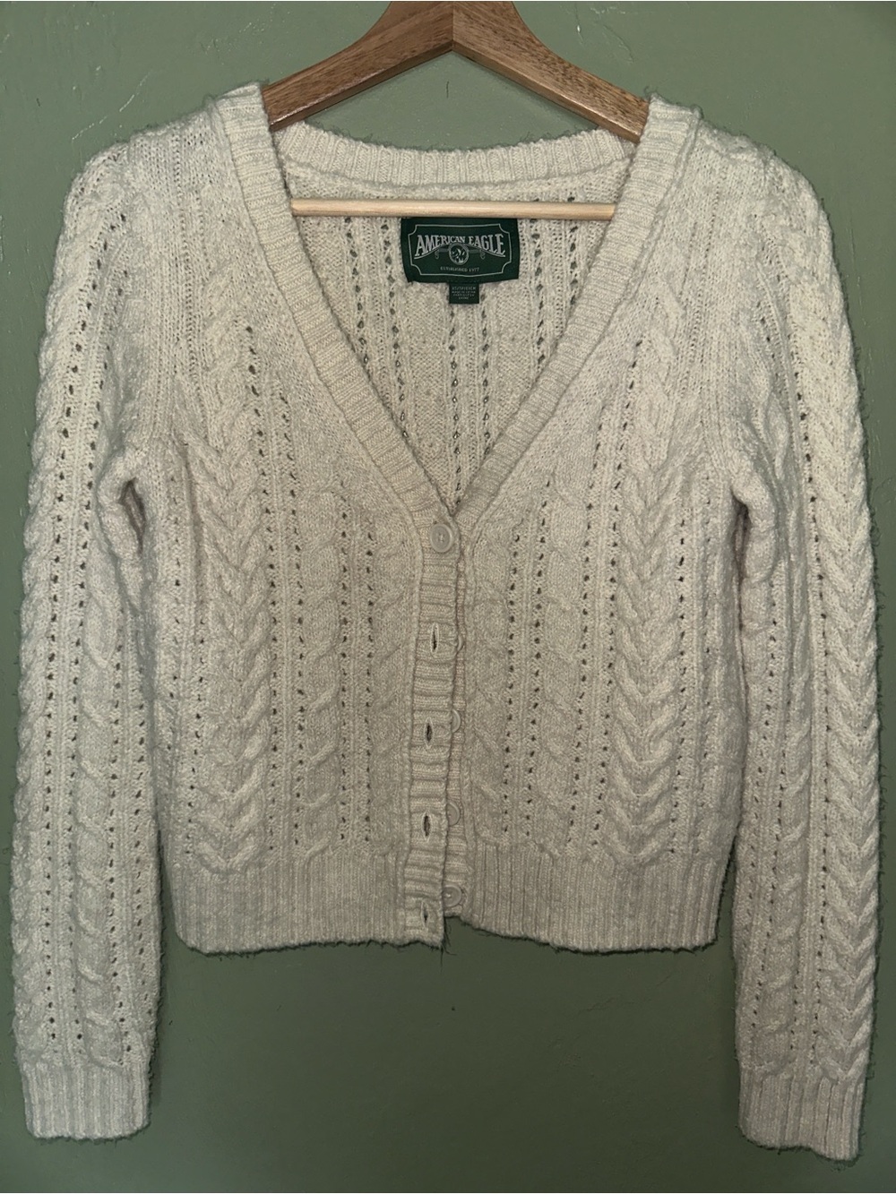 American Eagle Outfitters Cream Cable-Knit V-Neck Button Cardigan